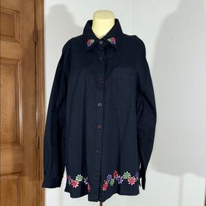 Floral Embroidered Black Button-Down Shirt
